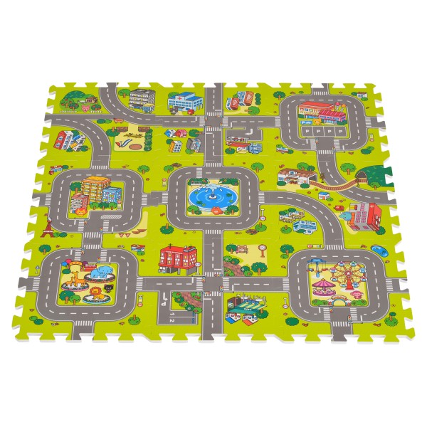 Covoraș Puzzle din Spumă EVA Moni Toys cu Drumuri, 9 Piese, Hartă Oraș cu Drumuri și Clădiri, 90,5x90,5 cm, 10 Luni+