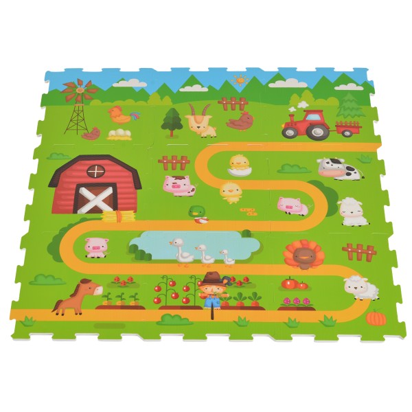 Covoraș Puzzle din Spumă EVA Moni Toys Fermă, 9 Piese, Animale + Tractor, 90,5x90,5 cm Asamblat, Colorat, 10 Luni+