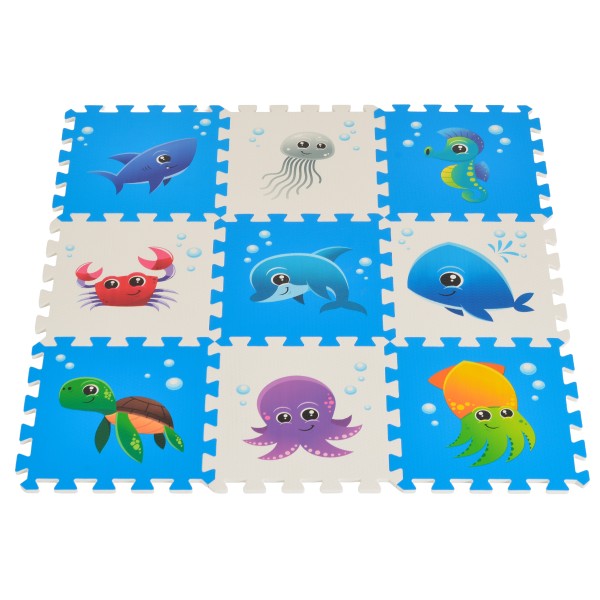 Covoraș Puzzle din Spumă EVA Moni Toys Oceanic, 9 Piese cu Creaturi Marine, 86x86 cm Asamblat, Colorat, 10 Luni+