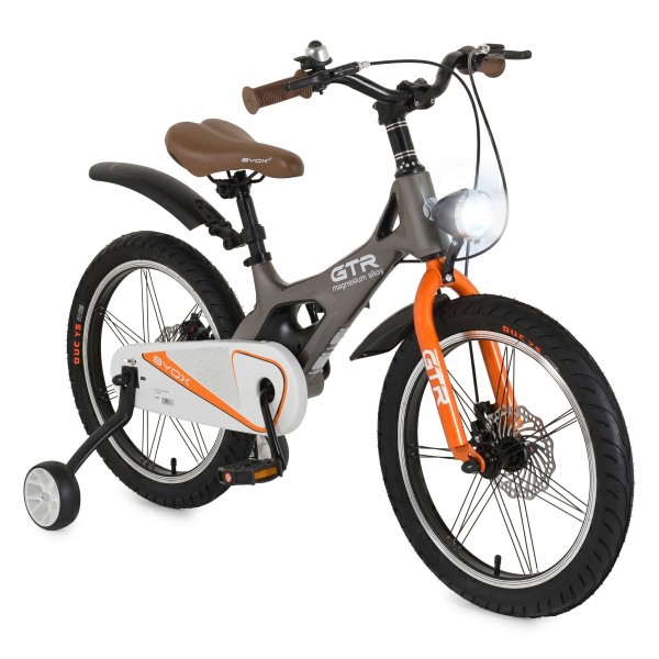 Bicicletă Copii Byox GTR Grey 18" 5-9 Ani, Cadru Aliaj Magneziu, Frâne Disc Față + Spate, Far LED, Roți Ajutatoare
