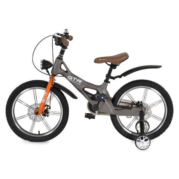 Bicicletă Copii Byox GTR Grey 18" 5-9 Ani, Cadru Aliaj Magneziu, Frâne Disc Față + Spate, Far LED, Roți Ajutatoare