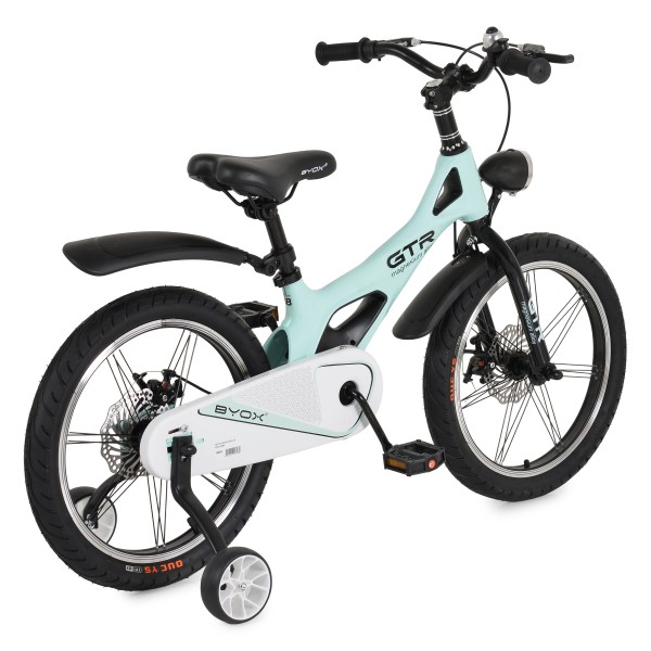 Bicicletă Copii Byox GTR Mint 18" 5-9 Ani, Cadru Aliaj Magneziu, Frâne Disc Față + Spate, Far LED, Roți Ajutatoare