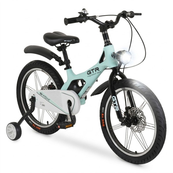 Bicicletă Copii Byox GTR Mint 18" 5-9 Ani, Cadru Aliaj Magneziu, Frâne Disc Față + Spate, Far LED, Roți Ajutatoare