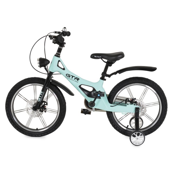 Bicicletă Copii Byox GTR Mint 18" 5-9 Ani, Cadru Aliaj Magneziu, Frâne Disc Față + Spate, Far LED, Roți Ajutatoare