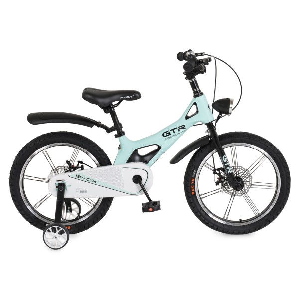 Bicicletă Copii Byox GTR Mint 18" 5-9 Ani, Cadru Aliaj Magneziu, Frâne Disc Față + Spate, Far LED, Roți Ajutatoare