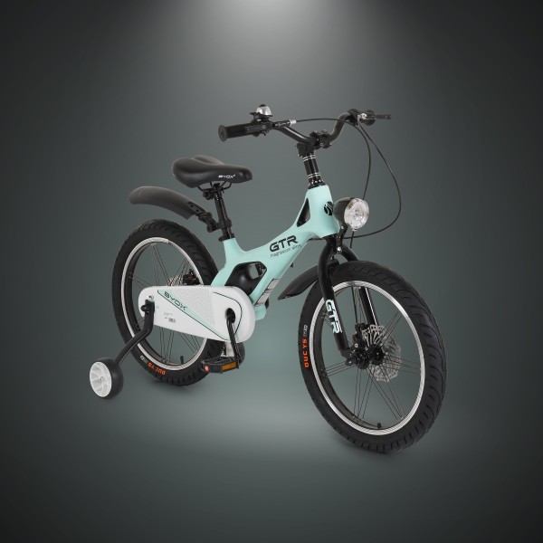 Bicicletă Copii Byox GTR Mint 18" 5-9 Ani, Cadru Aliaj Magneziu, Frâne Disc Față + Spate, Far LED, Roți Ajutatoare