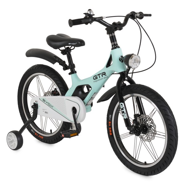 Bicicletă Copii Byox GTR Mint 18" 5-9 Ani, Cadru Aliaj Magneziu, Frâne Disc Față + Spate, Far LED, Roți Ajutatoare