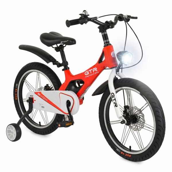 Bicicletă Copii Byox GTR Red 18" 5-9 Ani, Cadru Aliaj Magneziu, Frâne Disc Față + Spate, Far LED, Roți Ajutatoare