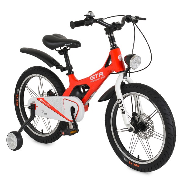 Bicicletă Copii Byox GTR Red 18" 5-9 Ani, Cadru Aliaj Magneziu, Frâne Disc Față + Spate, Far LED, Roți Ajutatoare