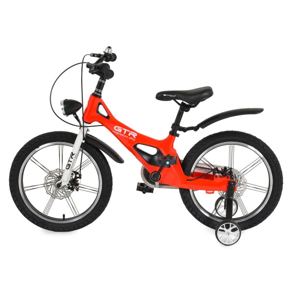 Bicicletă Copii Byox GTR Red 18" 5-9 Ani, Cadru Aliaj Magneziu, Frâne Disc Față + Spate, Far LED, Roți Ajutatoare