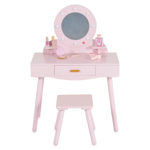 Masă de Toaletă de Joacă din Lemn Moni Toys Bella, Oglindă LED, Scaun și Accesorii Incluse, 3 ani+
