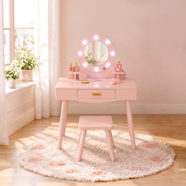 Masă de Toaletă de Joacă din Lemn Moni Toys Bella, Oglindă LED, Scaun și Accesorii Incluse, 3 ani+