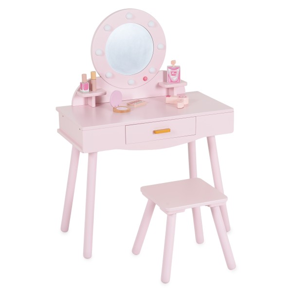 Masă de Toaletă de Joacă din Lemn Moni Toys Bella, Oglindă LED, Scaun și Accesorii Incluse, 3 ani+