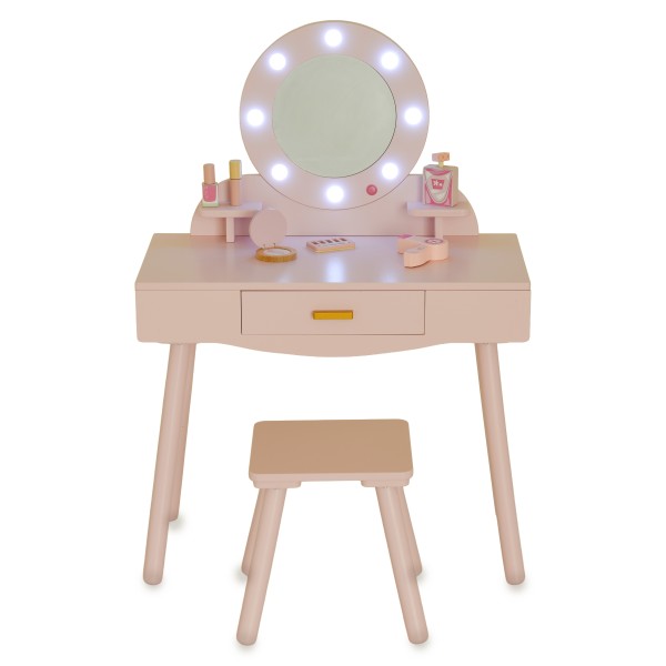 Masă de Toaletă de Joacă din Lemn Moni Toys Bella, Oglindă LED, Scaun și Accesorii Incluse, 3 ani+
