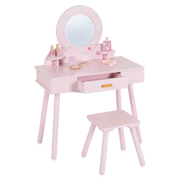 Masă de Toaletă de Joacă din Lemn Moni Toys Bella, Oglindă LED, Scaun și Accesorii Incluse, 3 ani+