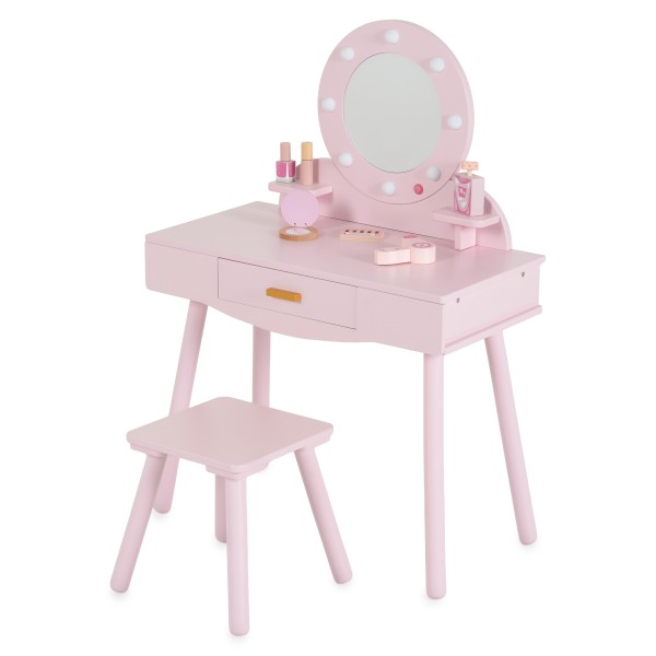 Masă de Toaletă de Joacă din Lemn Moni Toys Bella, Oglindă LED, Scaun și Accesorii Incluse, 3 ani+