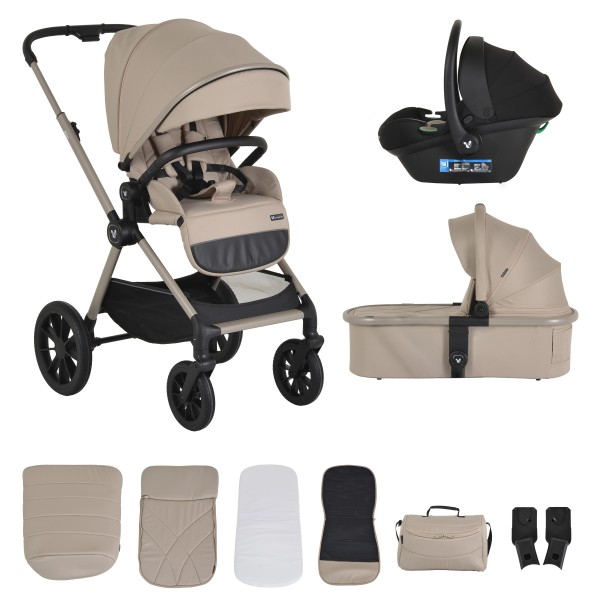 Cărucior 3în1 Cangaroo Joker Vanilla-Beige, Coș Nou-Născut, Scaun Reversibil, Scaun Auto i-Size R129, Pliabil, 0-22 kg