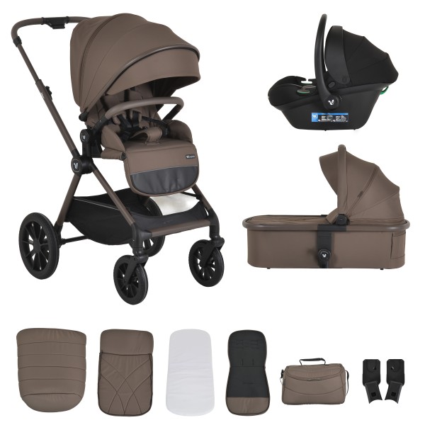 Cărucior 3în1 Cangaroo Joker Brown, Coș Nou-Născut, Scaun Reversibil, Scaun Auto i-Size R129, Pliabil, 0-22 kg