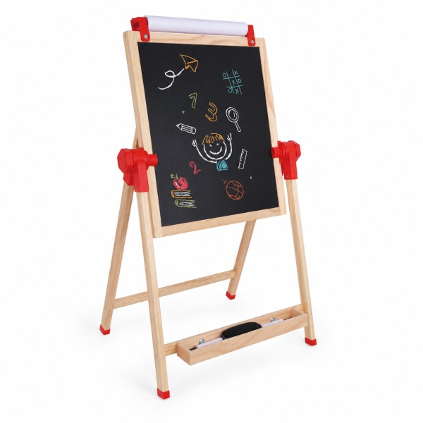 Tablă de Desen 3în1 din Lemn Moni Toys, Tablă Neagră, Tablă Albă și Hârtie, Înălțime Reglabilă, 3 ani+