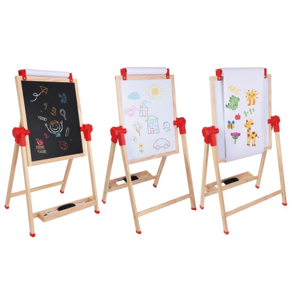 Tablă de Desen 3în1 din Lemn Moni Toys, Tablă Neagră, Tablă Albă și Hârtie, Înălțime Reglabilă, 3 ani+