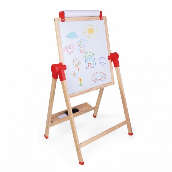 Tablă de Desen 3în1 din Lemn Moni Toys, Tablă Neagră, Tablă Albă și Hârtie, Înălțime Reglabilă, 3 ani+