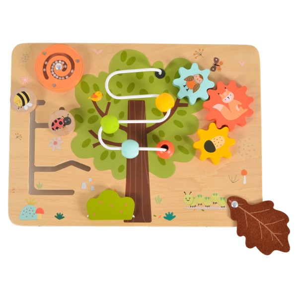 Placă de Activități Montessori din Lemn Moni Toys Copacul, Labirint, Angrenaje, Elemente Glisante, 12 luni+