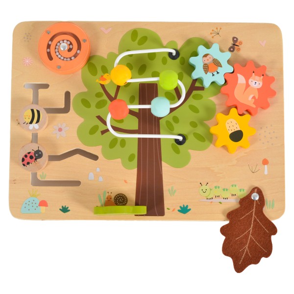 Placă de Activități Montessori din Lemn Moni Toys Copacul, Labirint, Angrenaje, Elemente Glisante, 12 luni+