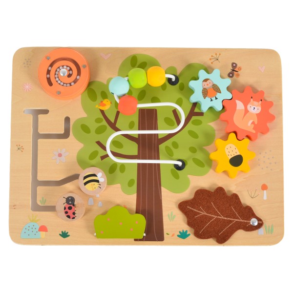 Placă de Activități Montessori din Lemn Moni Toys Copacul, Labirint, Angrenaje, Elemente Glisante, 12 luni+