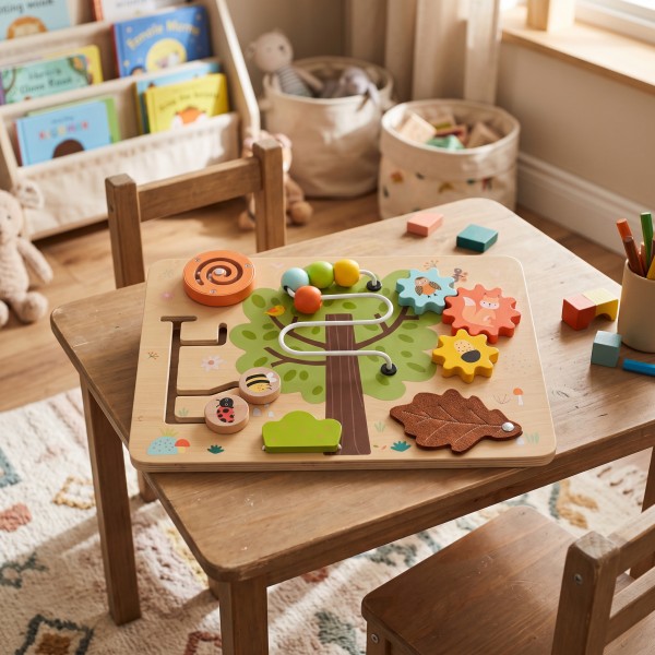 Placă de Activități Montessori din Lemn Moni Toys Copacul, Labirint, Angrenaje, Elemente Glisante, 12 luni+