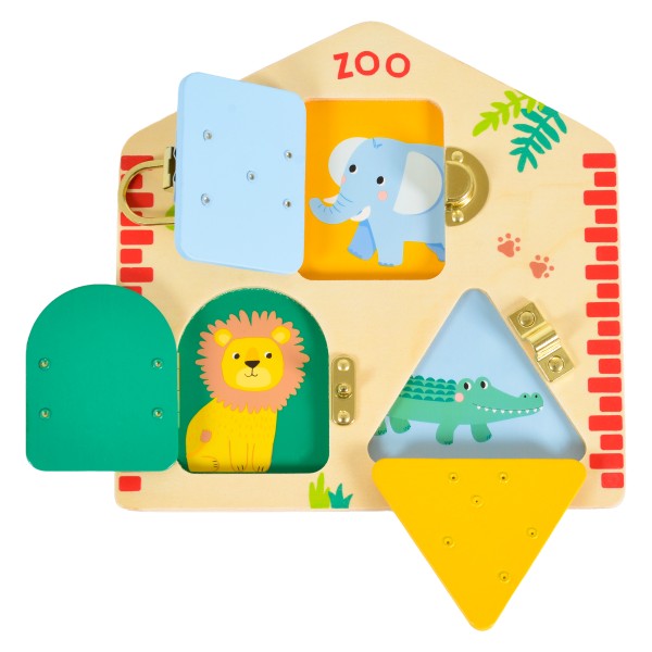 Tablă de Activități cu Încuietori din Lemn Moni Toys, Grădina Zoologică, 3 Uși cu Animale Ascunse, Varsta 12 luni