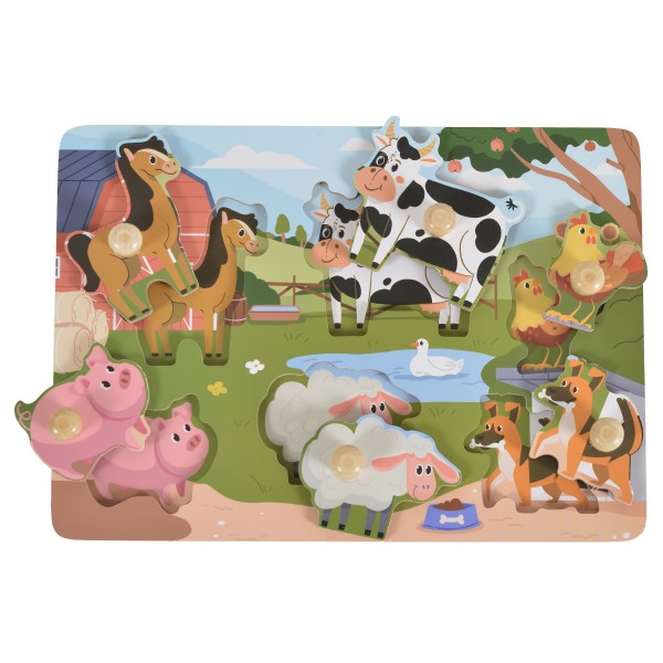 Puzzle din Lemn cu Fermă Moni Toys, 6 Piese cu Mânere, Animale de Fermă, 18 luni+