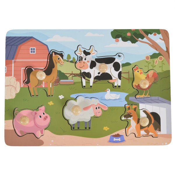 Puzzle din Lemn cu Fermă Moni Toys, 6 Piese cu Mânere, Animale de Fermă, 18 luni+