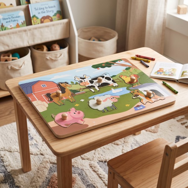 Puzzle din Lemn cu Fermă Moni Toys, 6 Piese cu Mânere, Animale de Fermă, 18 luni+