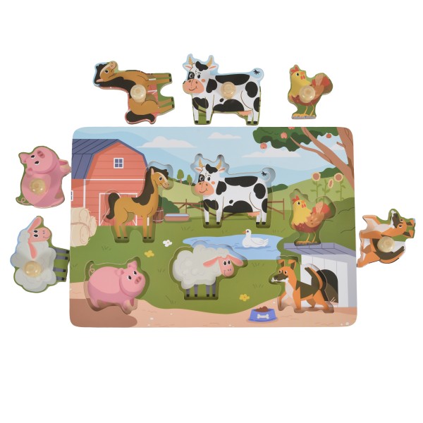 Puzzle din Lemn cu Fermă Moni Toys, 6 Piese cu Mânere, Animale de Fermă, 18 luni+