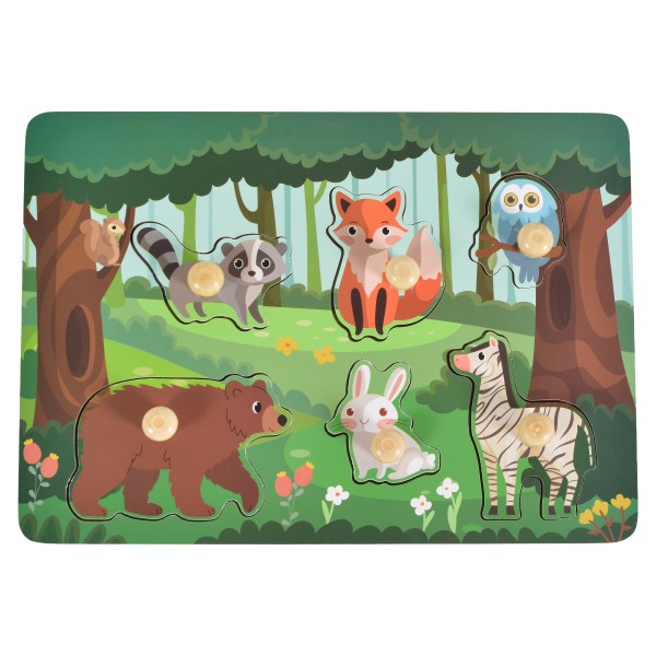 Puzzle din Lemn Animale Sălbatice Moni Toys, Piese cu Mânere, Pădure, 18 luni+