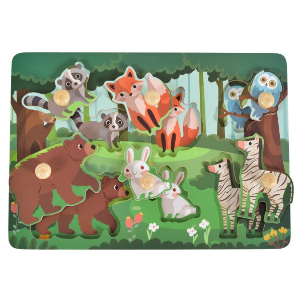 Puzzle din Lemn Animale Sălbatice Moni Toys, Piese cu Mânere, Pădure, 18 luni+