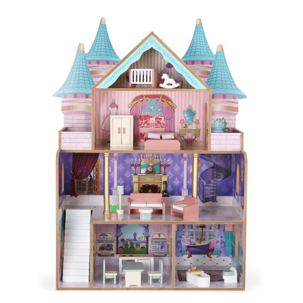 Casă de Păpuși din Lemn Moni Toys Castelul, Mai Multe Etaje, 18 Piese Mobilier Incluse, 3 ani+