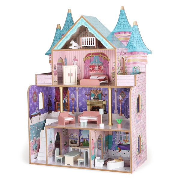 Casă de Păpuși din Lemn Moni Toys Castelul, Mai Multe Etaje, 18 Piese Mobilier Incluse, 3 ani+
