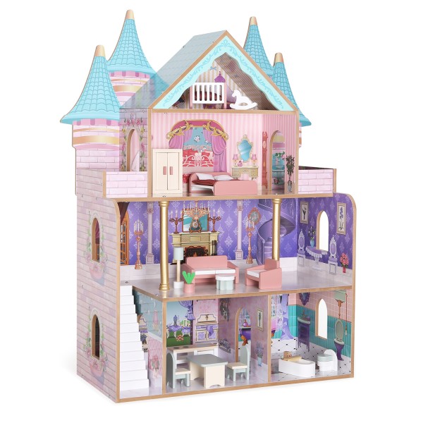 Casă de Păpuși din Lemn Moni Toys Castelul, Mai Multe Etaje, 18 Piese Mobilier Incluse, 3 ani+