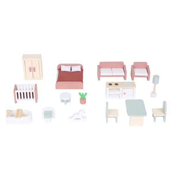 Casă de Păpuși din Lemn Moni Toys Castelul, Mai Multe Etaje, 18 Piese Mobilier Incluse, 3 ani+