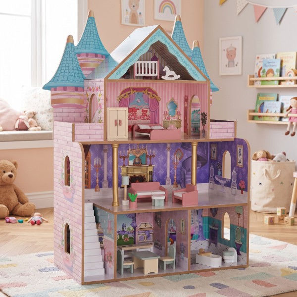 Casă de Păpuși din Lemn Moni Toys Castelul, Mai Multe Etaje, 18 Piese Mobilier Incluse, 3 ani+