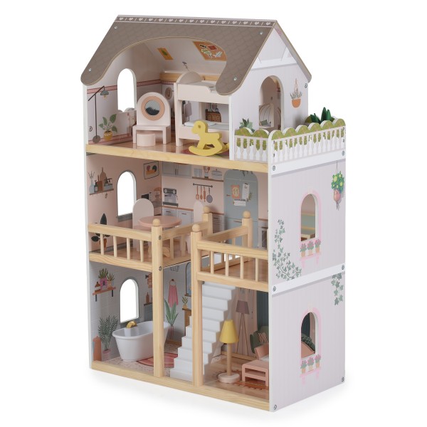 Casă de Păpuși din Lemn Moni Toys Lina, 4 Etaje, 5 Camere, Mobilier și Accesorii Incluse, 3 ani+