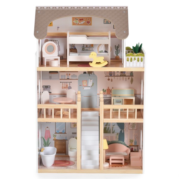 Casă de Păpuși din Lemn Moni Toys Lina, 4 Etaje, 5 Camere, Mobilier și Accesorii Incluse, 3 ani+