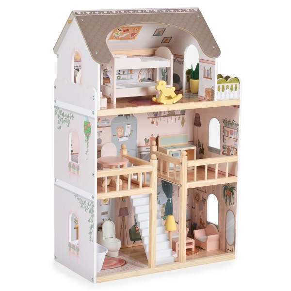Casă de Păpuși din Lemn Moni Toys Lina, 4 Etaje, 5 Camere, Mobilier și Accesorii Incluse, 3 ani+