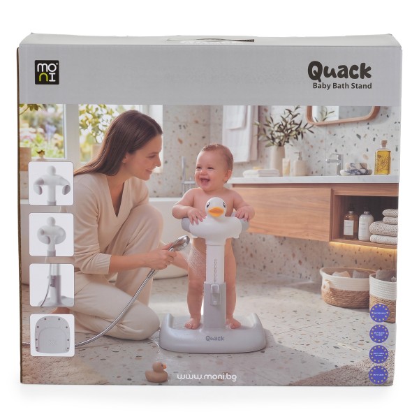 Suport de Baie Bebelusi Moni Quack Beige, Înălțime și Lățime Reglabilă, Efecte Sonore Rață, Rățușcă Cadou, 9-36 luni