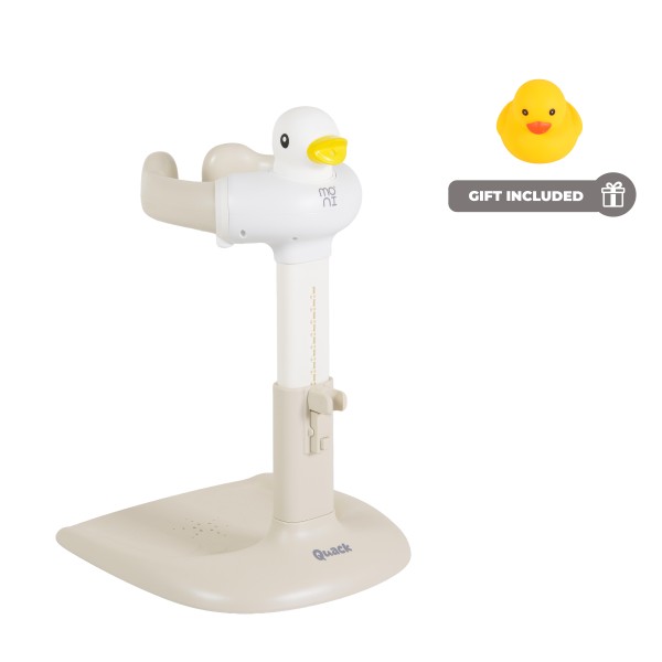 Suport de Baie Bebelusi Moni Quack Beige, Înălțime și Lățime Reglabilă, Efecte Sonore Rață, Rățușcă Cadou, 9-36 luni