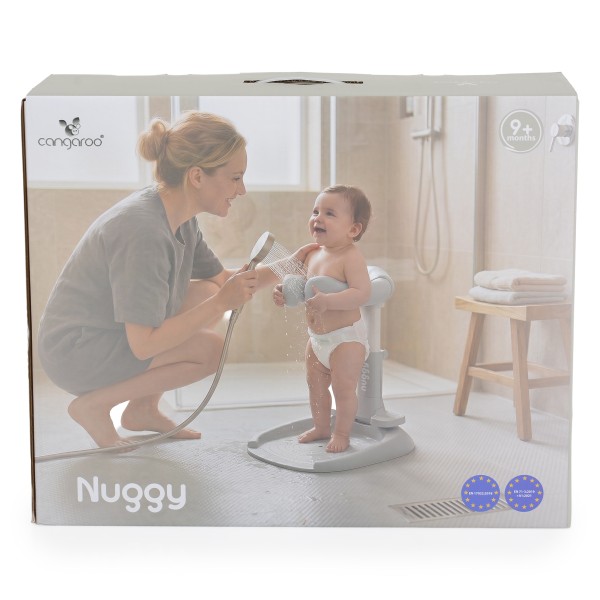 Suport de Baie Bebe cu Scaun Cangaroo Nuggy Gray, Înălțime Reglabilă, Bază Antiderapantă Largă, Scaun Cadou, 9 luni+