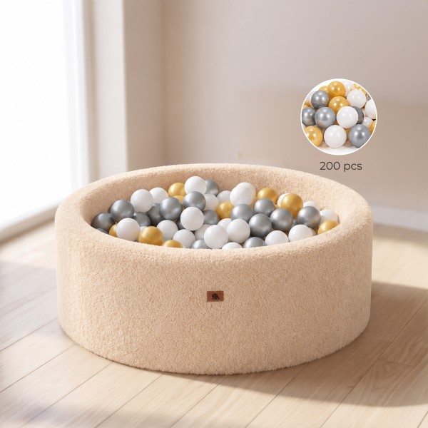 Piscină cu Bile Moale Boucle Moni Toys Light Beige, 200 Bile Incluse, Husă Detașabilă, 90×90 cm, 12 luni+