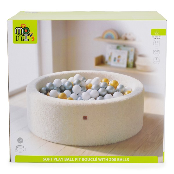 Piscină cu Bile Moale Boucle Moni Toys Light Beige, 200 Bile Incluse, Husă Detașabilă, 90×90 cm, 12 luni+