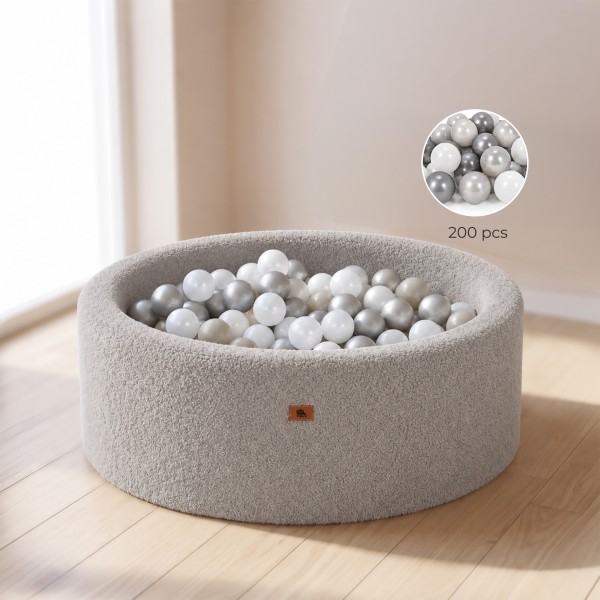 Piscină cu Bile Moale Boucle Moni Toys Light Grey, 200 Bile Incluse, Husă Detașabilă, 90×90 cm, 12 luni+